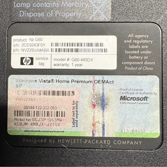 HP G60 Laptop AMD Turion X2 Windows Vista - Picture 8 of 9